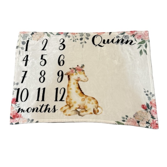 Quinn Custom Baby Monthly Milestone Blanket Giraffe Floral White 38x28 - Picture 1 of 5